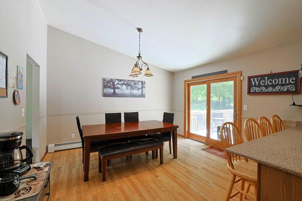 Dining room, Interior, Pendant Lights, Wood Texture Flooring