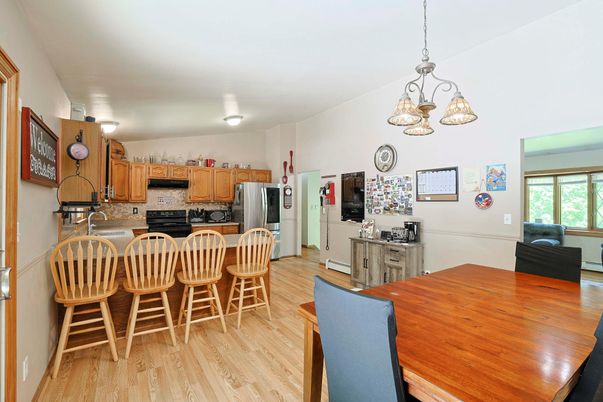 Dining room, Interior, Kitchen, Pendant Lights, Wood Texture Flooring