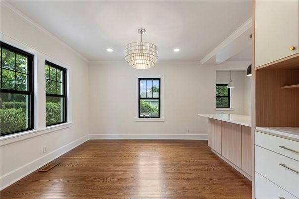 Chandelier, Empty room, Interior, Pendant Lights, Recessed Lighting, Wood Texture Flooring