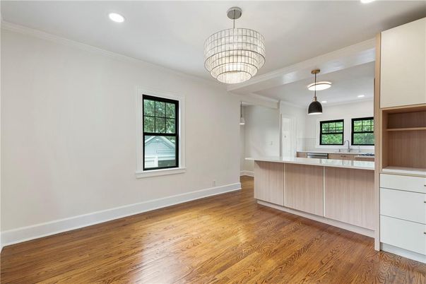 Chandelier, Interior, Kitchen, Pendant Lights, Recessed Lighting, Wood Texture Flooring