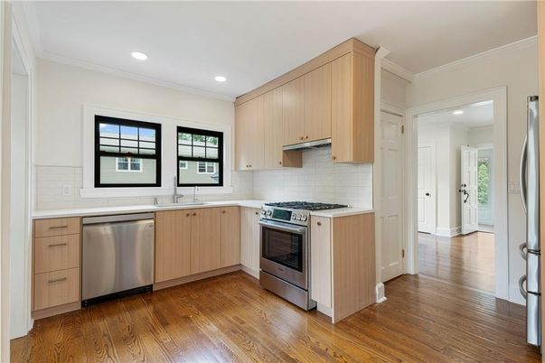 Interior, Kitchen, Recessed Lighting, Stainless Steel Appliances, Wood Texture Flooring