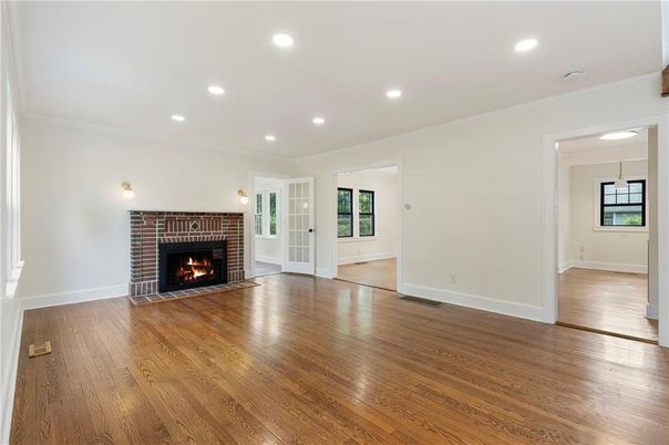 Empty room, Fireplace, Interior, Recessed Lighting, Wood Texture Flooring