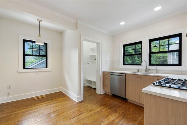 Interior, Kitchen, Pendant Lights, Recessed Lighting, Wood Texture Flooring