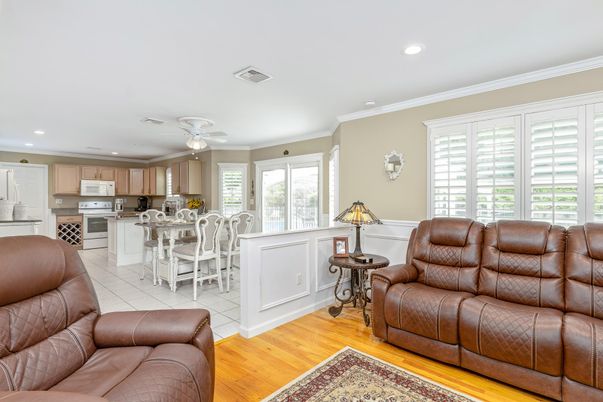 Dining room, Interior, Kitchen, Living room, Recessed Lighting, Wood Texture Flooring