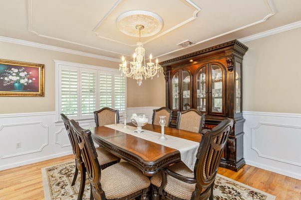 Chandelier, Dining room, Interior, Wood Texture Flooring