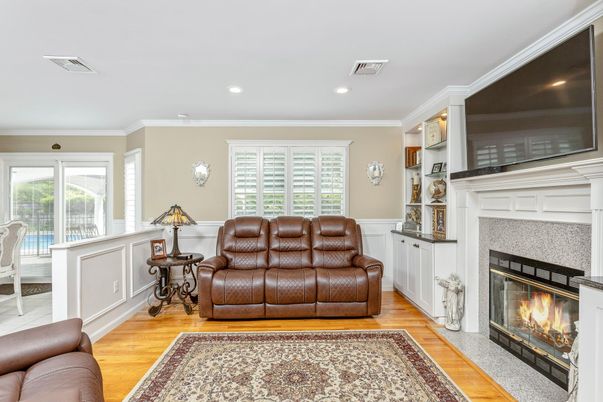 Fireplace, Interior, Recessed Lighting, Wood Texture Flooring