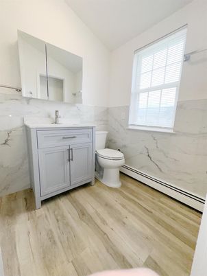 Bathroom, Interior, Marble Walls, Wood Texture Flooring