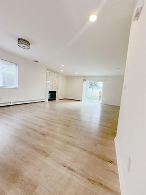 Empty room, Fireplace, Interior, Recessed Lighting, Wood Texture Flooring