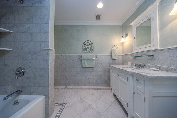 Bathroom, Dual Sink Vanities, Interior, Marble Walls, Recessed Lighting