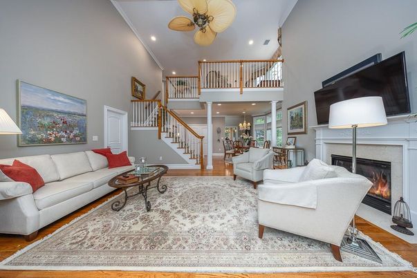 Chandelier, Dining room, Fireplace, Interior, Living room, Recessed Lighting, Wood Texture Flooring