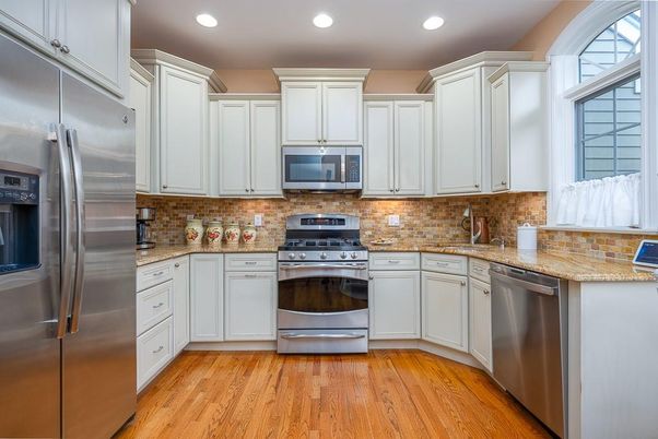 Interior, Kitchen, Recessed Lighting, Stainless Steel Appliances, Wood Texture Flooring