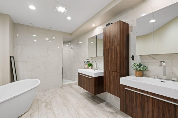 Bathroom, Dual Sink Vanities, Free Standing Baths, Glass Shower, Interior, Marble, Marble Walls, Recessed Lighting