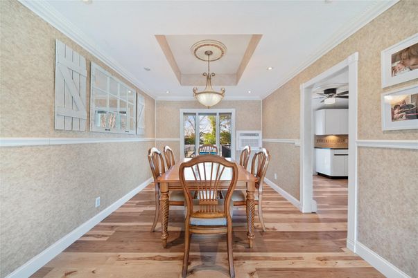 Dining room, Interior, Pendant Lights, Recessed Lighting, Wood Texture Flooring