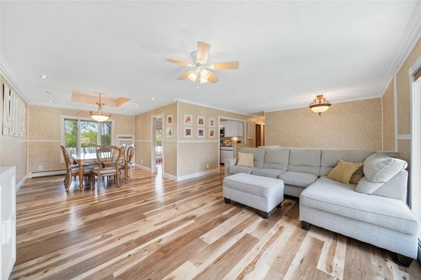 Dining room, Interior, Living room, Recessed Lighting, Wood Texture Flooring