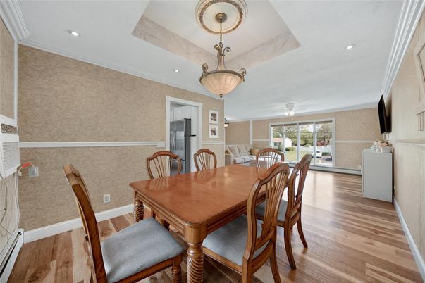 Dining room, Interior, Recessed Lighting, Wood Texture Flooring