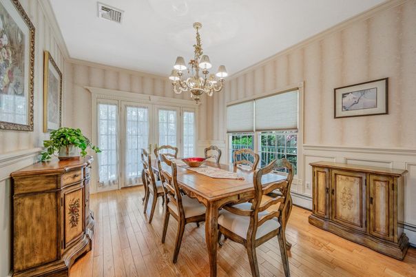 Chandelier, Dining room, Interior, Wood Texture Flooring