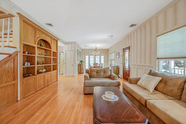 Chandelier, Interior, Living room, Wood Texture Flooring