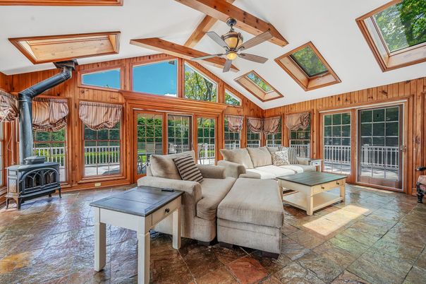Fireplace, Interior, Living room, Sun Room, Wooden Beams, Wooden Walls