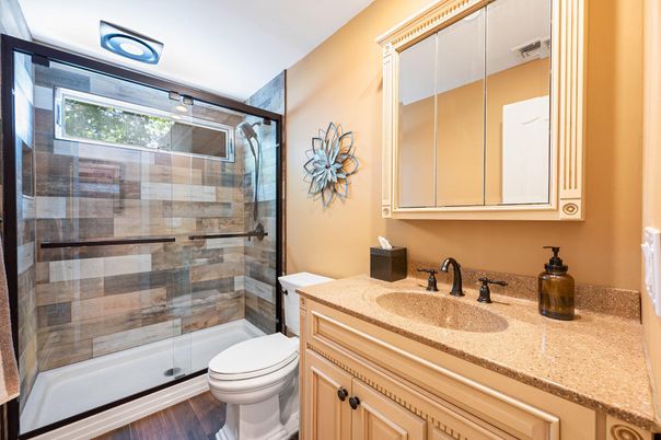 Bathroom, Glass Shower, Interior, Wood Texture Flooring