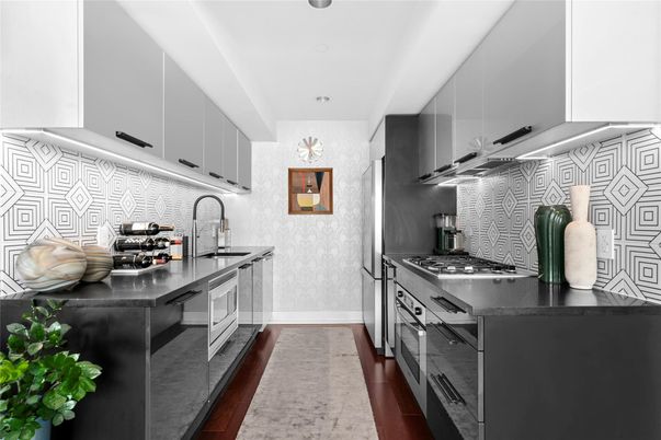 Interior, Kitchen, Recessed Lighting, Stainless Steel Appliances, Wood Texture Flooring