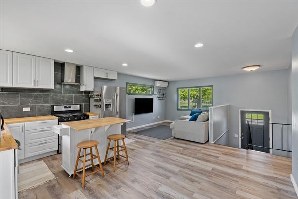 Interior, Kitchen, Living room, Recessed Lighting, Stainless Steel Appliances, Wood Texture Flooring