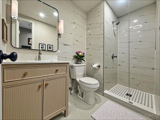 Bathroom, Glass Shower, Interior, Marble Walls, Recessed Lighting