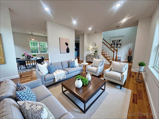 Dining room, Interior, Living room, Pendant Lights, Recessed Lighting, Wood Texture Flooring