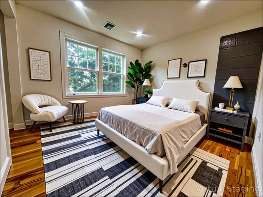 Bedroom, Interior, Recessed Lighting, Wood Texture Flooring