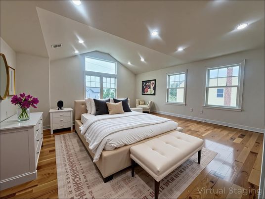 Bedroom, Interior, Recessed Lighting, Wood Texture Flooring