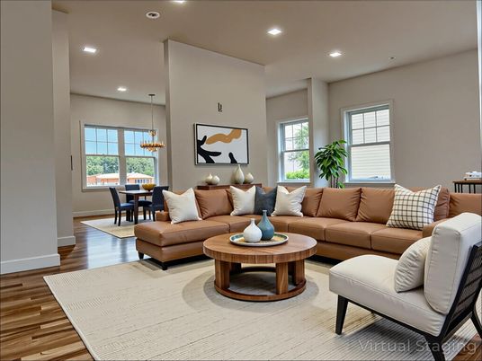 Dining room, Interior, Living room, Pendant Lights, Recessed Lighting, Wood Texture Flooring