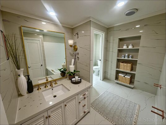 Bathroom, Interior, Marble, Marble Walls, Recessed Lighting