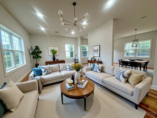 Dining room, Interior, Living room, Pendant Lights, Recessed Lighting, Wood Texture Flooring