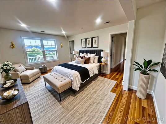 Bedroom, Interior, Recessed Lighting, Wood Texture Flooring