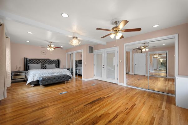 Bedroom, Chandelier, Interior, Recessed Lighting, Wood Texture Flooring