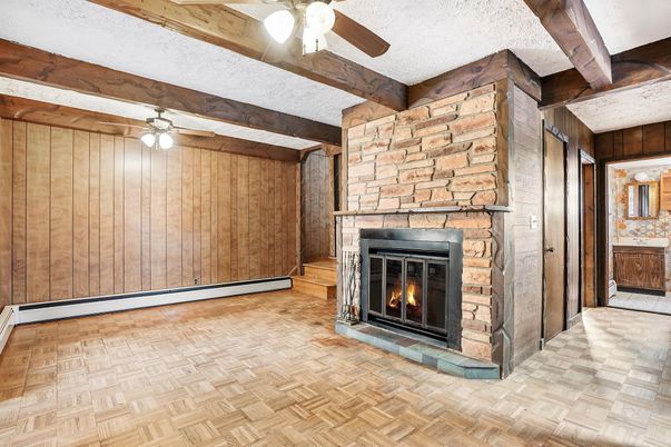 Empty room, Fireplace, Interior, Wood Texture Flooring, Wooden Walls