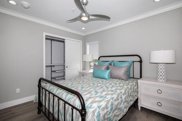 Bedroom, Interior, Recessed Lighting, Wood Texture Flooring
