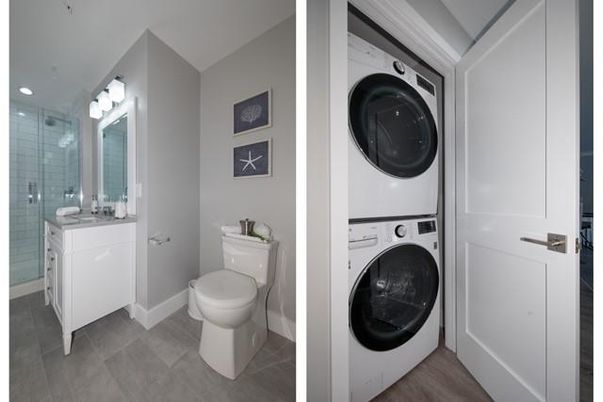 Bathroom, Glass Shower, Interior, Recessed Lighting, Utility Closets, Washer, Wood Texture Flooring