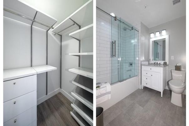 Bathroom, Dual Sink Vanities, Glass Shower, Interior, Wood Texture Flooring