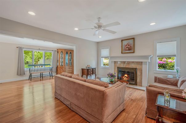 Fireplace, Interior, Living room, Recessed Lighting, Wood Texture Flooring