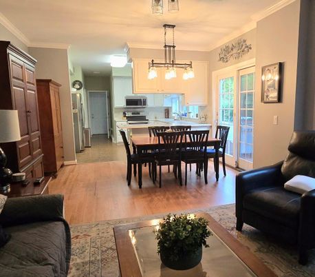 Dining room, Interior, Kitchen, Pendant Lights, Stainless Steel Appliances, Wood Texture Flooring