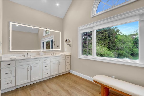 Bathroom, Dual Sink Vanities, Interior, Recessed Lighting, Wood Texture Flooring