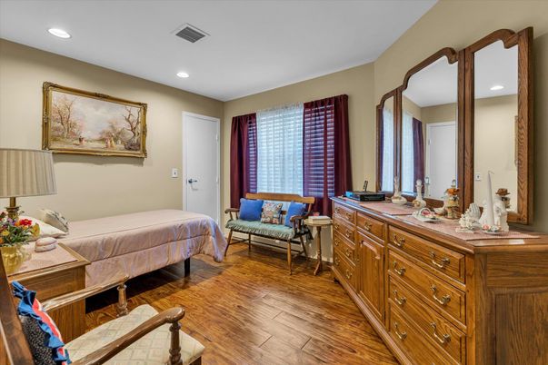 Bedroom, Interior, Recessed Lighting, Wood Texture Flooring