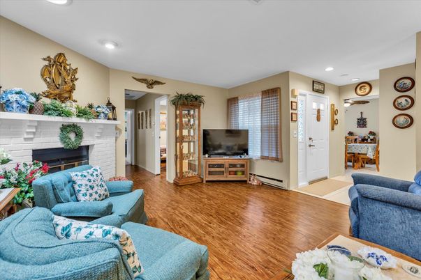 Fireplace, Interior, Living room, Recessed Lighting, Wood Texture Flooring