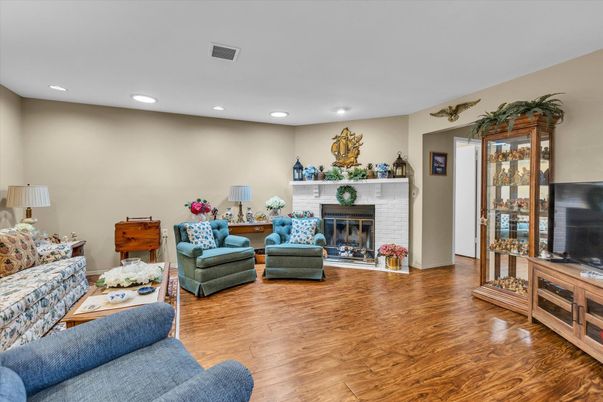 Fireplace, Interior, Living room, Recessed Lighting, Wood Texture Flooring