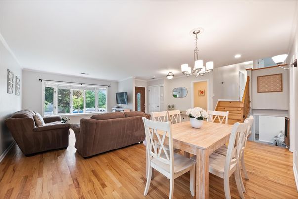 Chandelier, Dining room, Interior, Living room, Recessed Lighting, Wood Texture Flooring