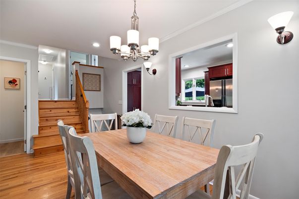 Chandelier, Dining room, Interior, Recessed Lighting, Wood Texture Flooring
