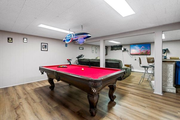 Billiard Table, Fitness Equipment, Game Room, Interior, Recessed Lighting, Wood Texture Flooring