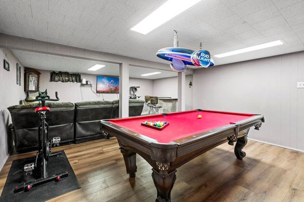 Billiard Table, Fitness Equipment, Game Room, Interior, Recessed Lighting, Wood Texture Flooring