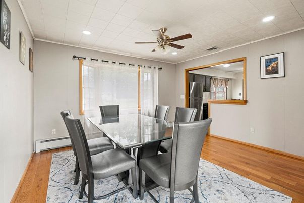 Dining room, Interior, Recessed Lighting, Wood Texture Flooring