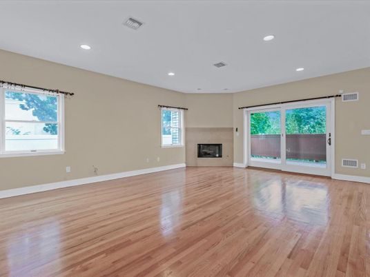 Empty room, Fireplace, Interior, Recessed Lighting, Wood Texture Flooring